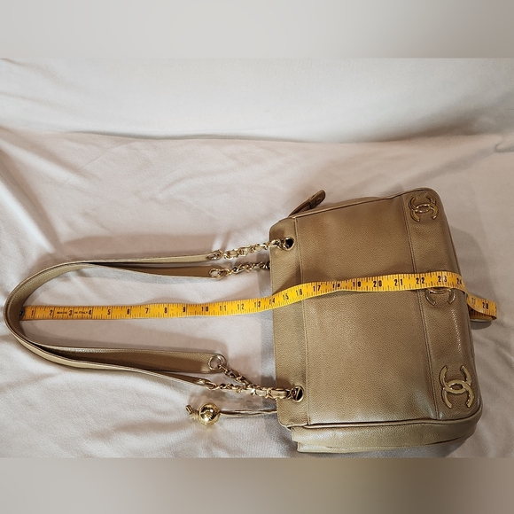 Chanel Caviar Leather Tripple CC Tote Bag Purse Beige 24K Vintage Coco Mark Gold - Picture 8 of 16